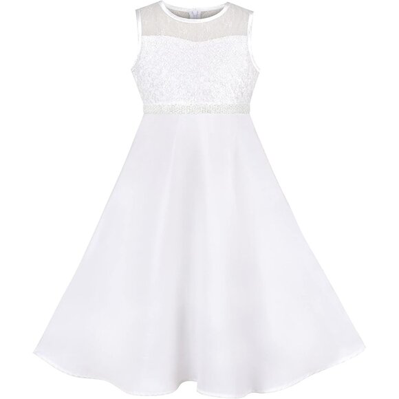 🆕Girls Burgundy Flower Lace Top White Chiffon Sleeveless Gradient Skirt Dress - Picture 1 of 6